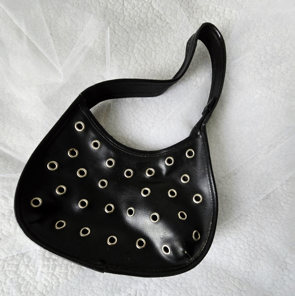 Black Faux Leather Shoulder Bag W/Silver Grommets